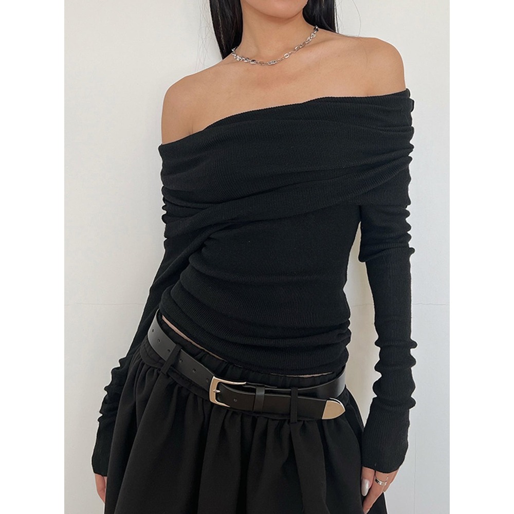 COMMENSE Semi-Sheer Overfold Off-Shoulder Shirt Black - Size L / NWT